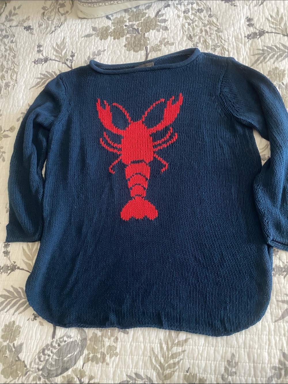 Wooden Ships Navy Sweater with Red Lobster Intarsia